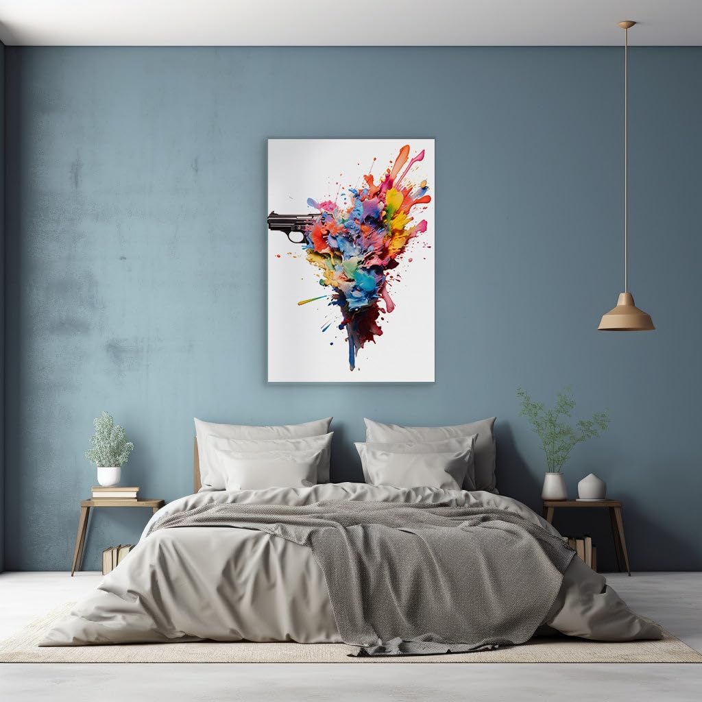 Canvas for Living Room. Art Unleashed with a Bang - A Vivid Paint Explosion from The Barrel of a Gun Against Stark Whiteness, 27 x 18 inch Canvas Wall Art - Strokes and Lines - Modern Home Decor