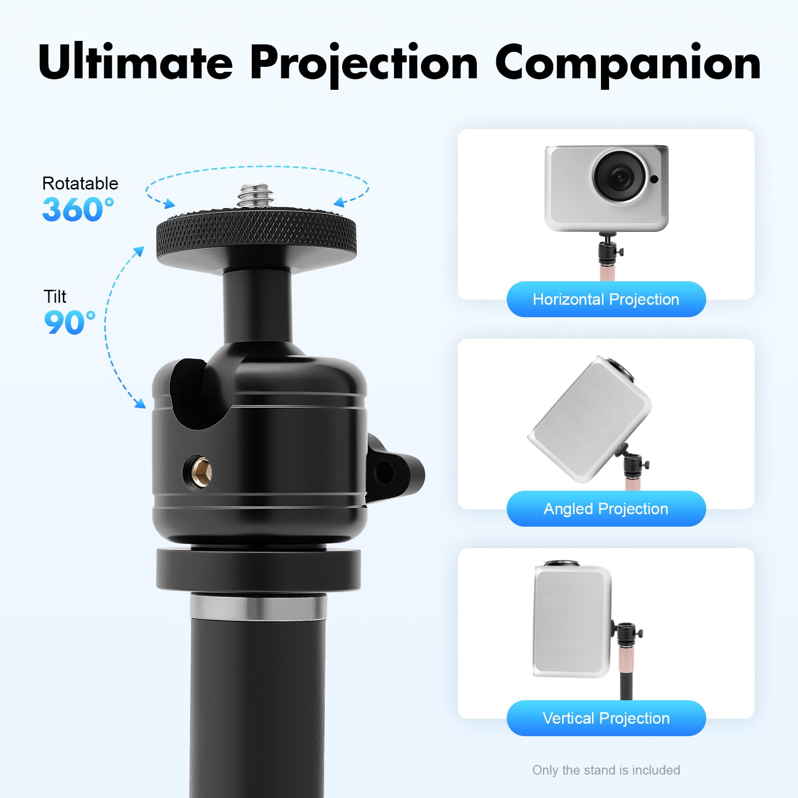 Supporto per proiettore, altezza regolabile 65-120 cm, girevole a 360°, inclinabile, universale con filettatura da 1/4", portata fino a 3 kg, per videoproiettore webcam, nero