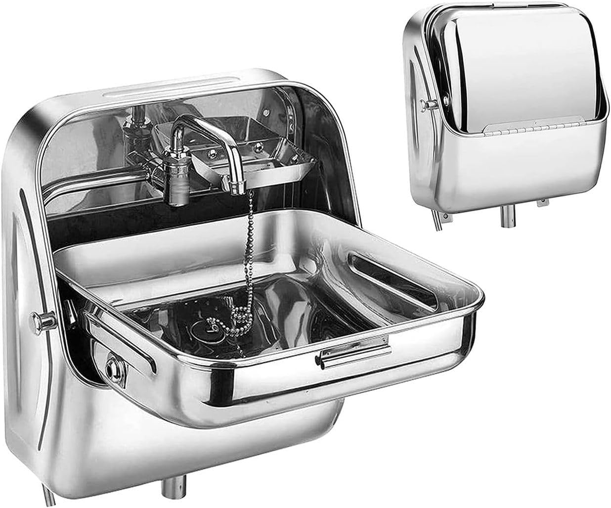 RV Wall-Mounted Sink,RV Sink Stainless Steel Folding Sink for RV Camper Boating Bar, Wall Mounting Kitchen Sink with Lid and Hot/Cold Faucet, Small,A