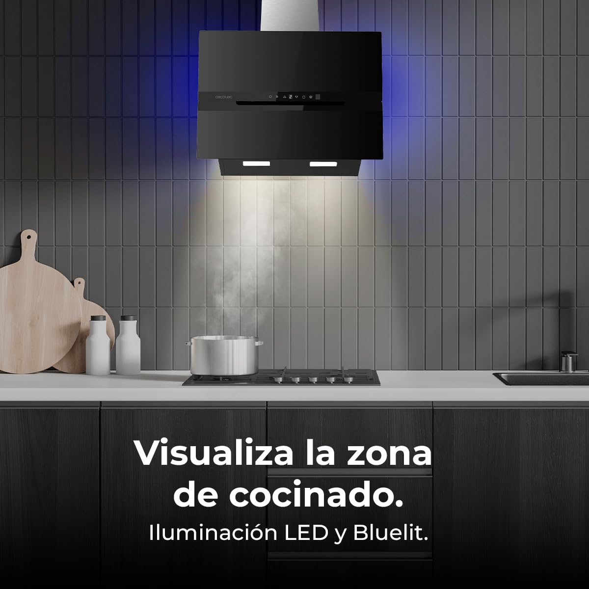 Cecotec Cappa Aspirante 60 cm Vetro Temperato. Bolero Flux DT 608010 Glass Black A++ 210W, Cappa 60cm vetro nero, Flusso d'Aria 800m3/h, A++, Touch, LED, Bluelit, Carbonio Ø176, alluminio 5 strati