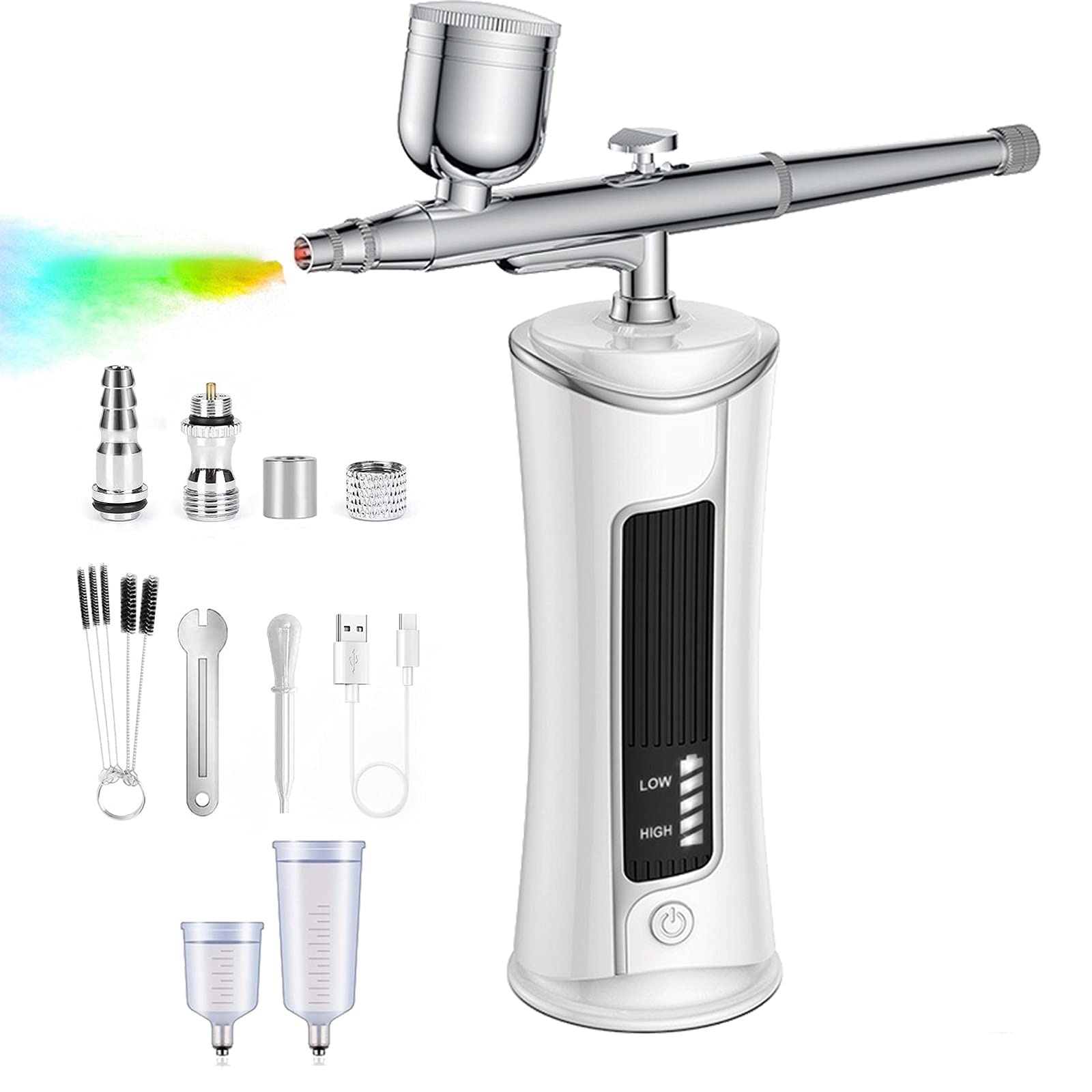 Airbrush Kit with Compressor, longziming Portable Handheld Airbrush Gun Paint Spray, 1200mAn, 180KPA, Rechargeable, Power Display, for Art Hobby,Makeup,Nail Art,Cake Decoration (White)