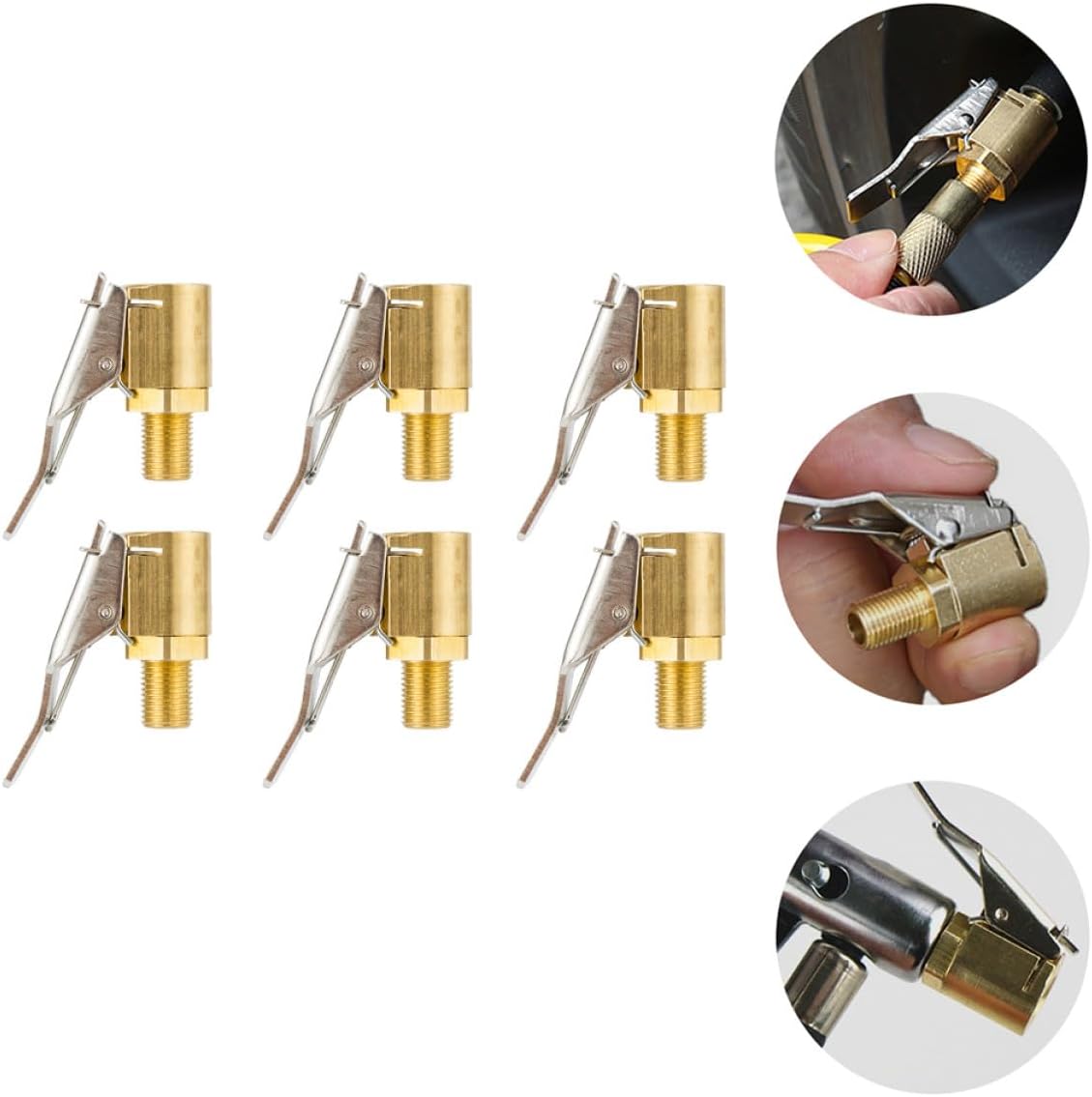 6pcs Brass Air Pump Adapter Clip-on Tire Air Chuck Thread Nozzle for Car Tyre Inflator Accessories Compatible with Portable Tire Pumps