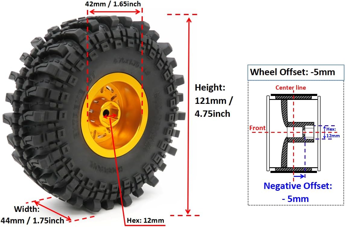 HOBBYSOUL121mm Tall 1.9 Beadlock Wheels and Tires -5mm Negative Offset Aluminum Rims and Soft Sticky Tyres for 1/10 Mud Crawler SCX10 TRX4 Gen8 Upgrades, HS701103
