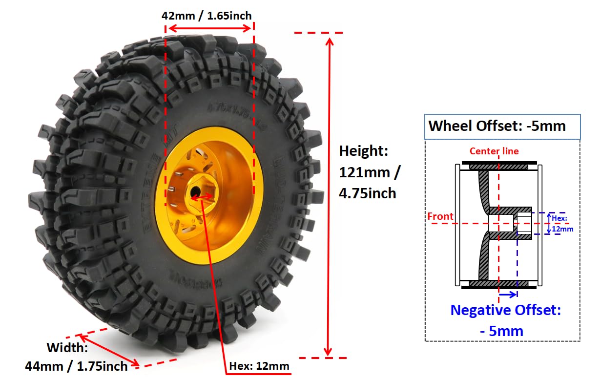 HOBBYSOUL Pneus RC 1.9 de 121 mm de haut et jantes Beadlock 1,9 dorées et noires, décalage négatif 5 mm, roues et pneus Beadlock 1/10 pour Mud Crawler SCX10 TRX4 Gen8, (lot de 4, assemblé)