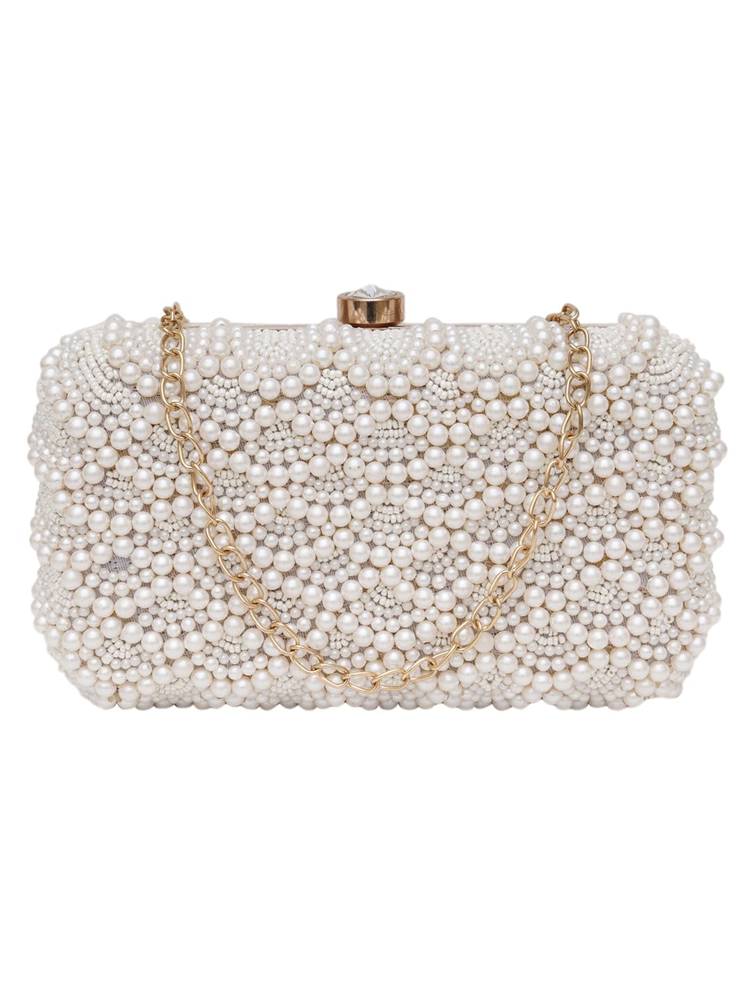 Women's Offwhite Pearl Embroidered Box Clutch-image-28