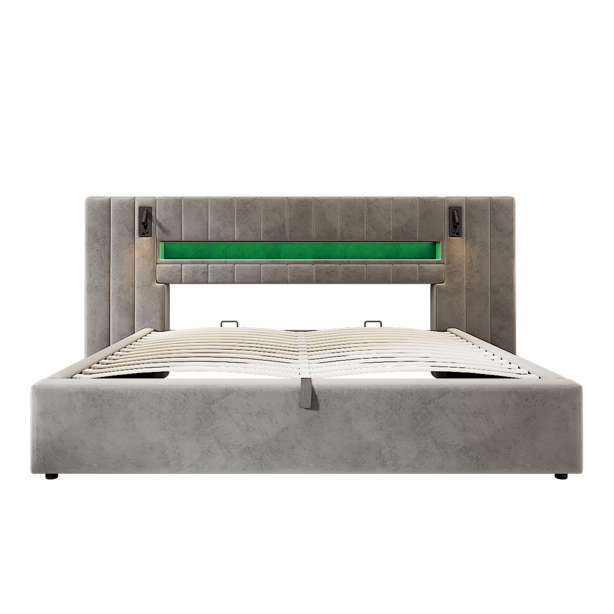Moimhear Telaio letto imbottito con porta USB, letto matrimoniale, illuminazione a LED, lampada da comodino, con spazio contenitore, senza materasso, in velluto, grigio (180 x 200 cm)