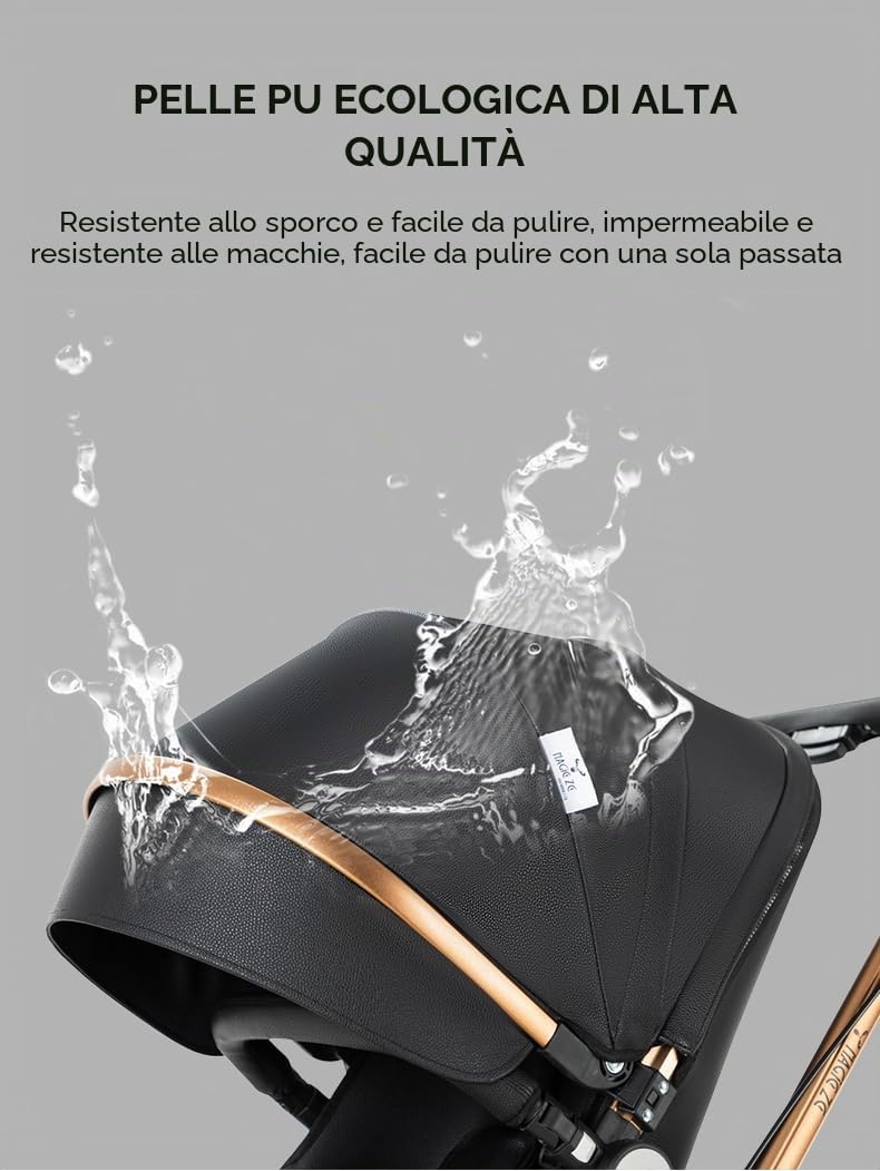 Passeggino 3 in 1 con Culla, Rotazione 360°, Tripla Assorbenza Urto, Pieghevole, Sicuro e Comodo, per Neonati 0-36 Mesi, carrozzina reversibile (Arancione)