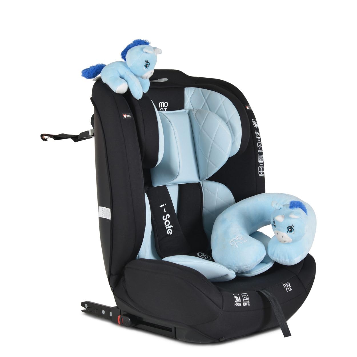 Davant view of Moni i-Size i-Safe Child Car Seat without insert, showing the 5-point harness