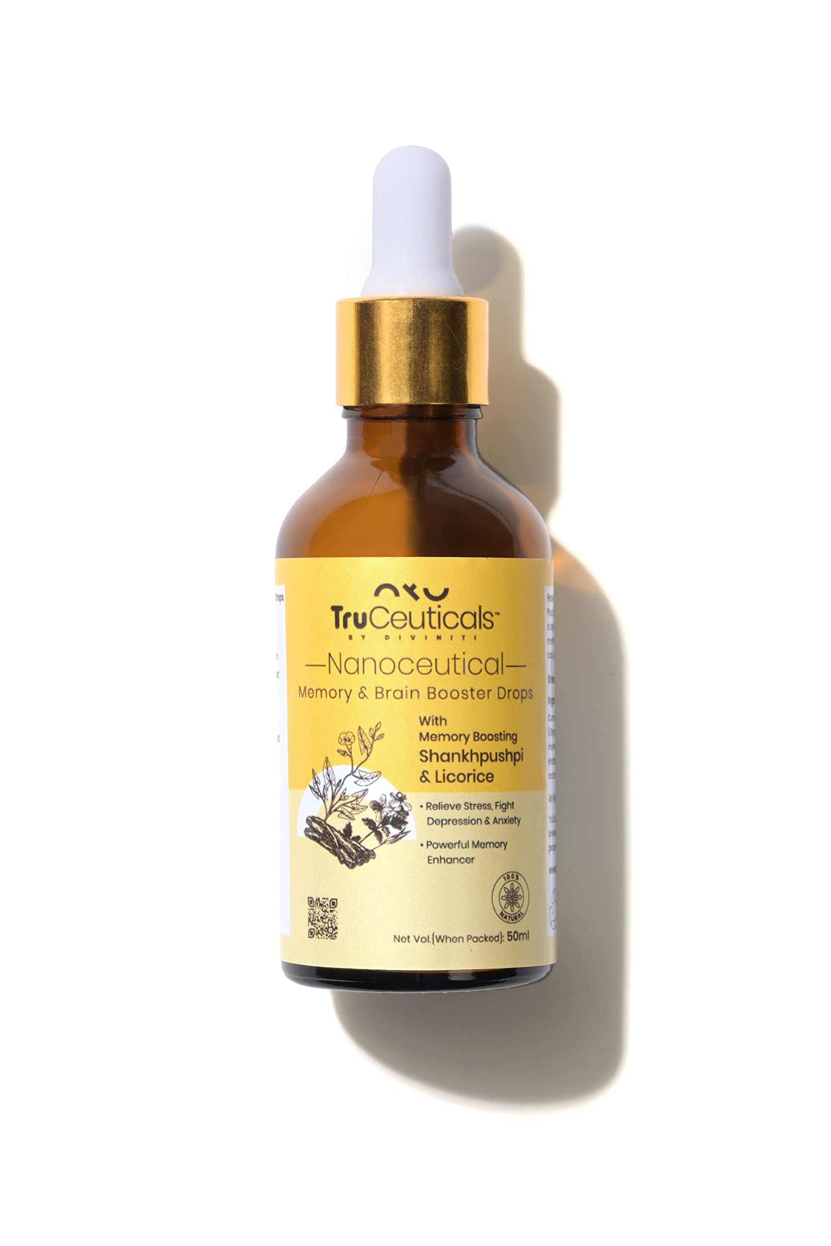 TruCeuticals Nanoceutical Brain Drops | Herbal Supplement | Curcumin, Shankhpushpi, Licorice | Adult & Kids | Ayush Certified | 50 ml
