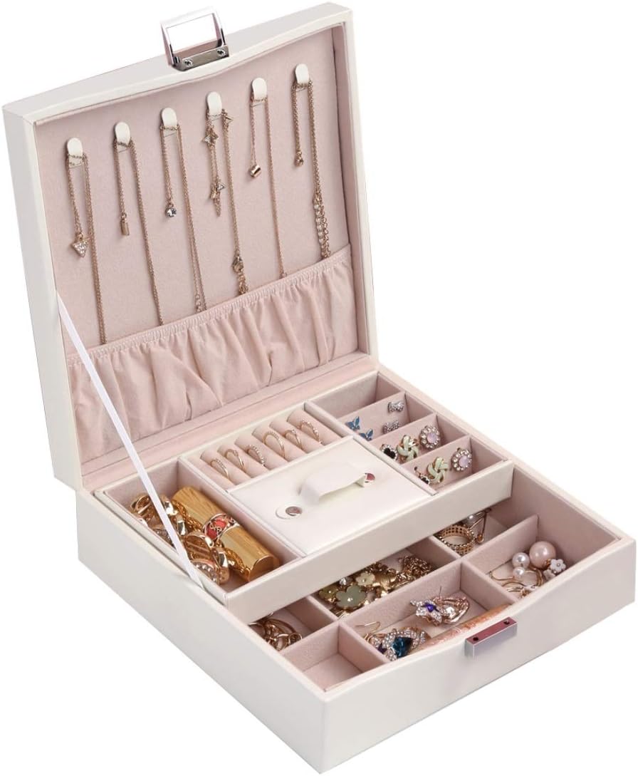 LATIT Jewellery Box Organiser Faux Leather Jewelry Storage Case for Rings Earrings Necklace Bracelets Faux Leather Jewelry Gift Box Girls Women