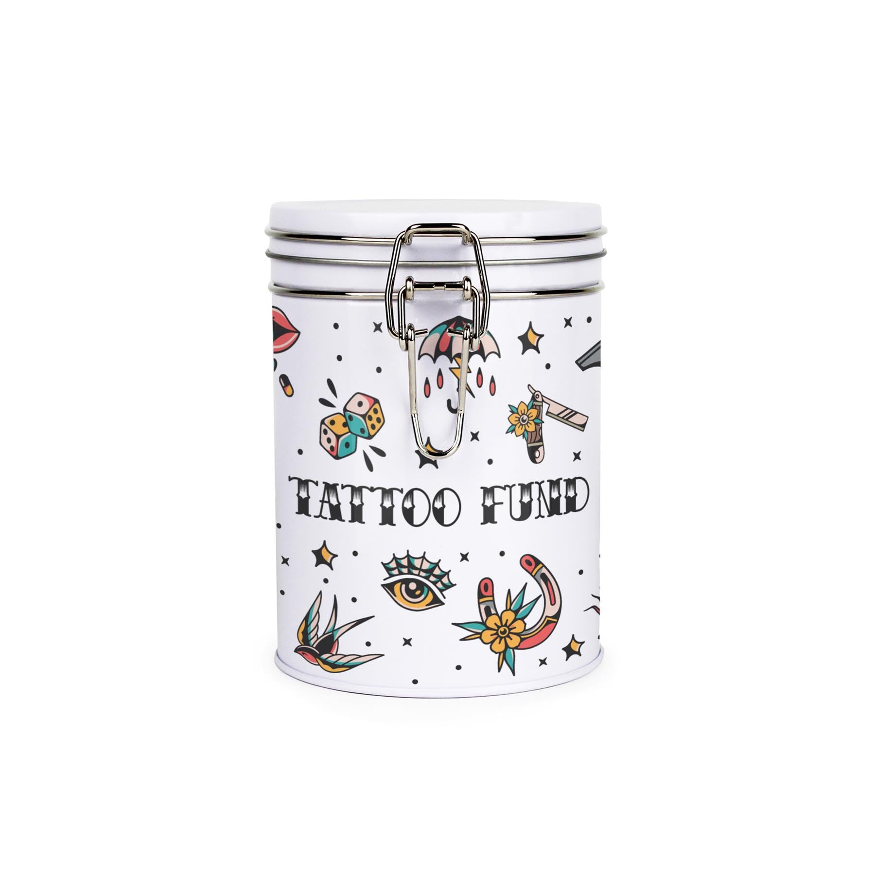 Tattoo Fund Money Tin - Multicolour Metal Clip Lid Savings Canister Gift