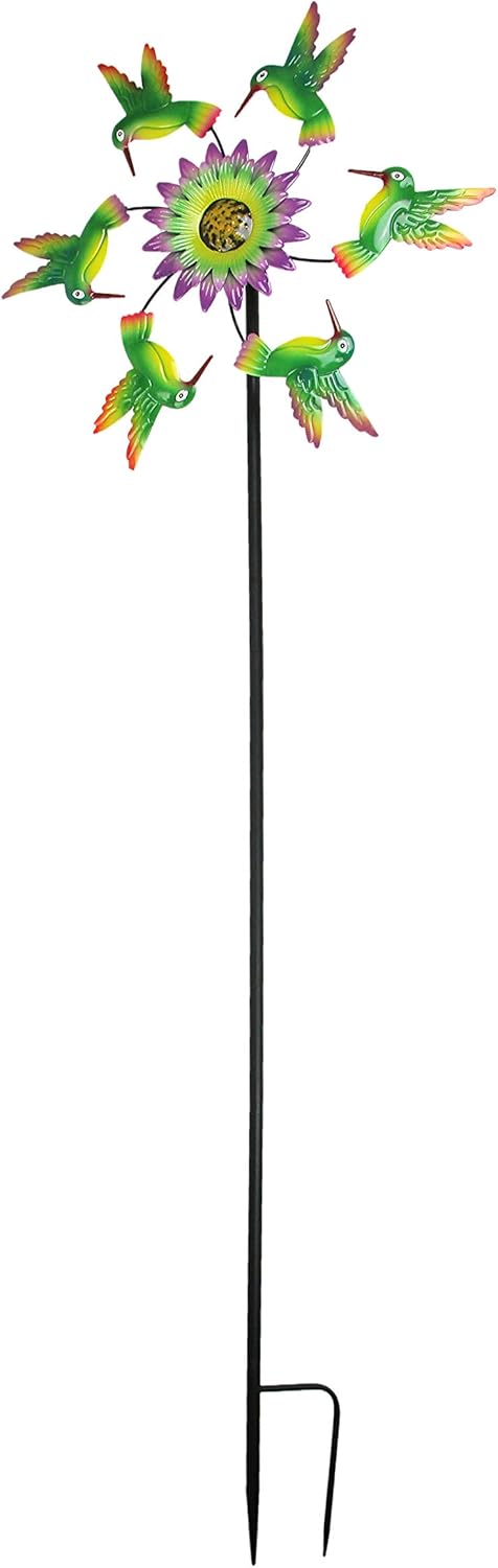 Metal Hummingbirds and Flower Garden Twirler Wind Spinner Stake 70 Inches High
