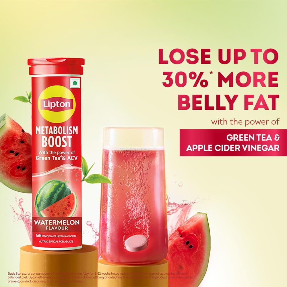 Lipton Metabolism Boost with 150mg Green Tea Catechins and 50mg ACV (Apple Cider Vinegar) | For Weight Loss & Fat Burn | Zero Calories | 16N Effervescent Tablets | Watermelon Flavour 1