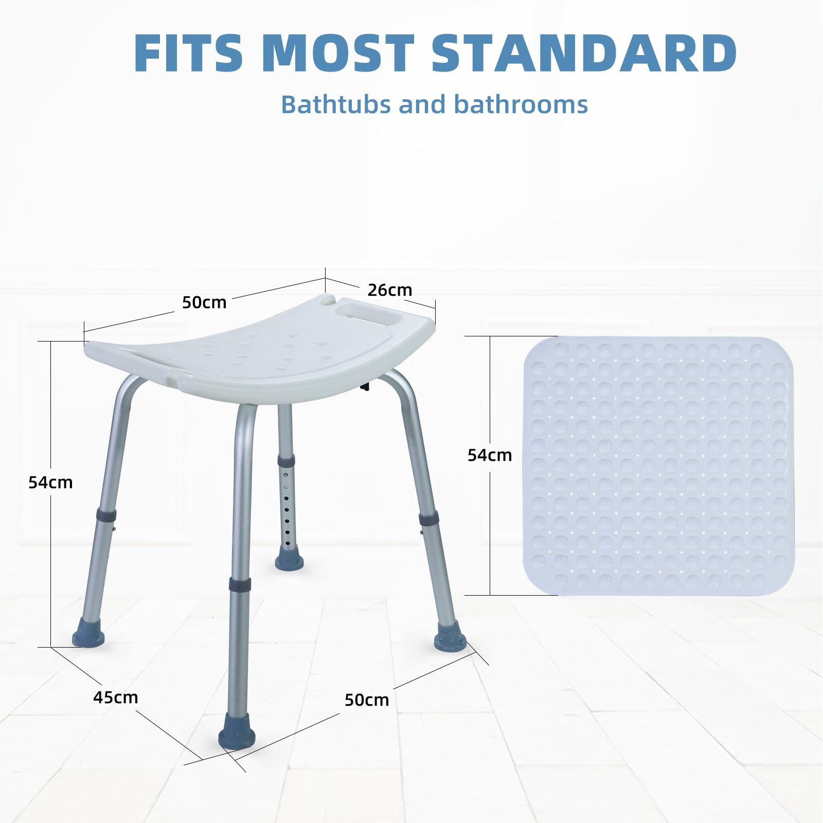 CCLIFE Taboret prysznicowy dla seniorów z antypoślizgową matą, 120 kg, regulacja wysokości, aluminiowe krzesło prysznicowe, antypoślizgowe 40-54 cm