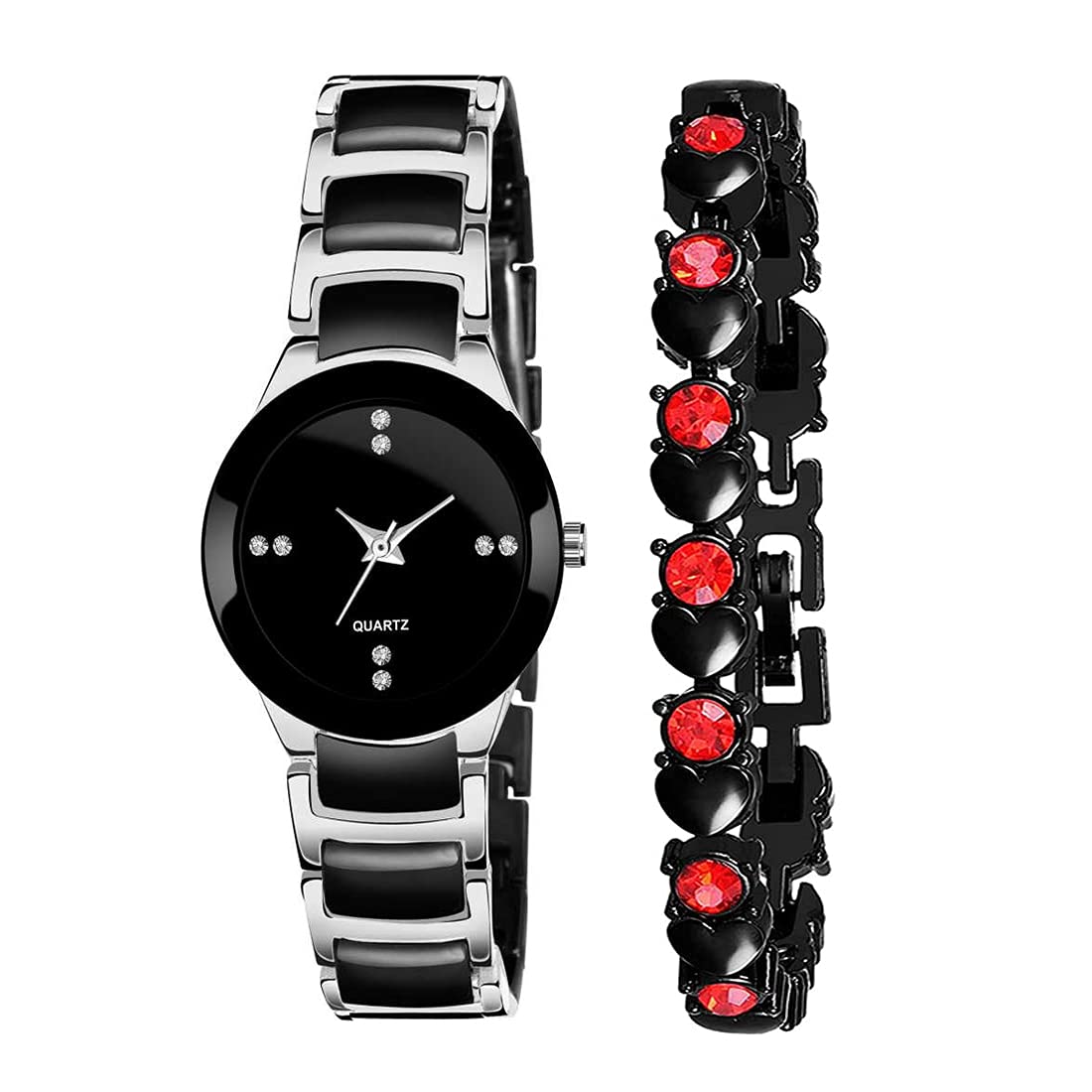 GOLDENIZE FASHION New Silver Diamond Dial Analogue Watch with Fabulous Heart Red Bracelet Combo for Girls & Womens Watches(Free Bracelet) (B095LK2MWR) Amazon Price History, Amazon Price Tracker