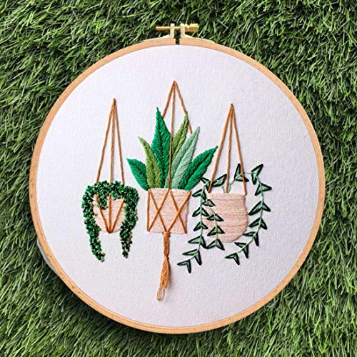 JUSHOOR 3 Sets Embroidery Starter Kit with Patterns, Full Range of Cross Stitch Kit Supplies for Beginners Adults Kids(Bamboo Hoop+Cloth+Tools)