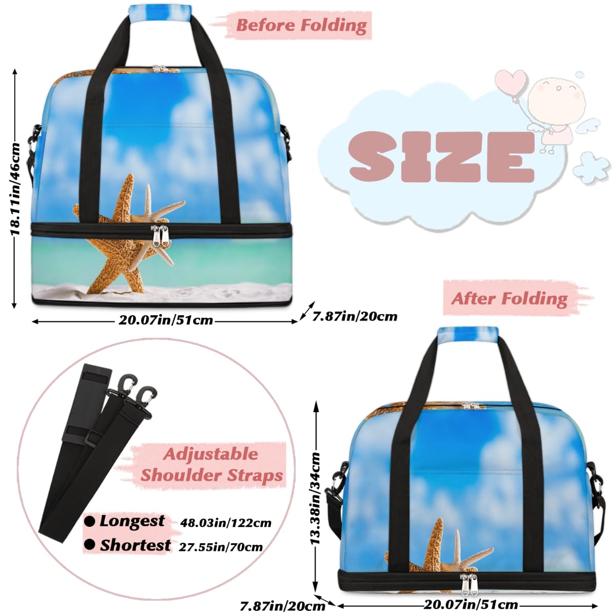 Ocean Beach Starfish - Bolsa de viaje plegable con diseño de estrella de mar de 47 litros, bolsa de fin de semana con funda para carrito de transporte, bolsa de hombro separada para deportes,