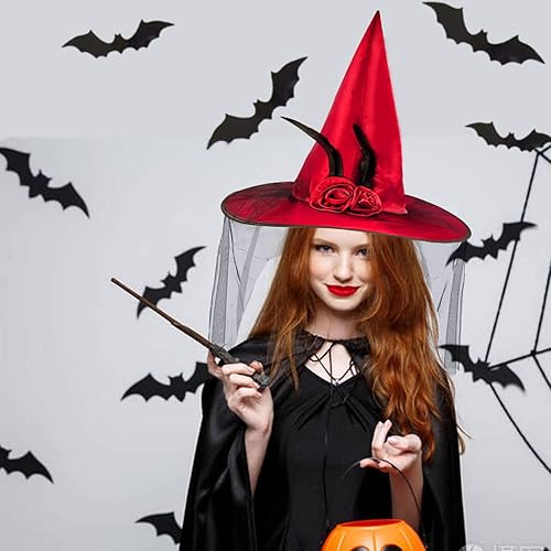 Vista 7 de Sombrero de bruja de Halloween con malla de encaje suave, flor de rosa y pluma, accesorio de disfraz de Halloween, sombrero de bruja