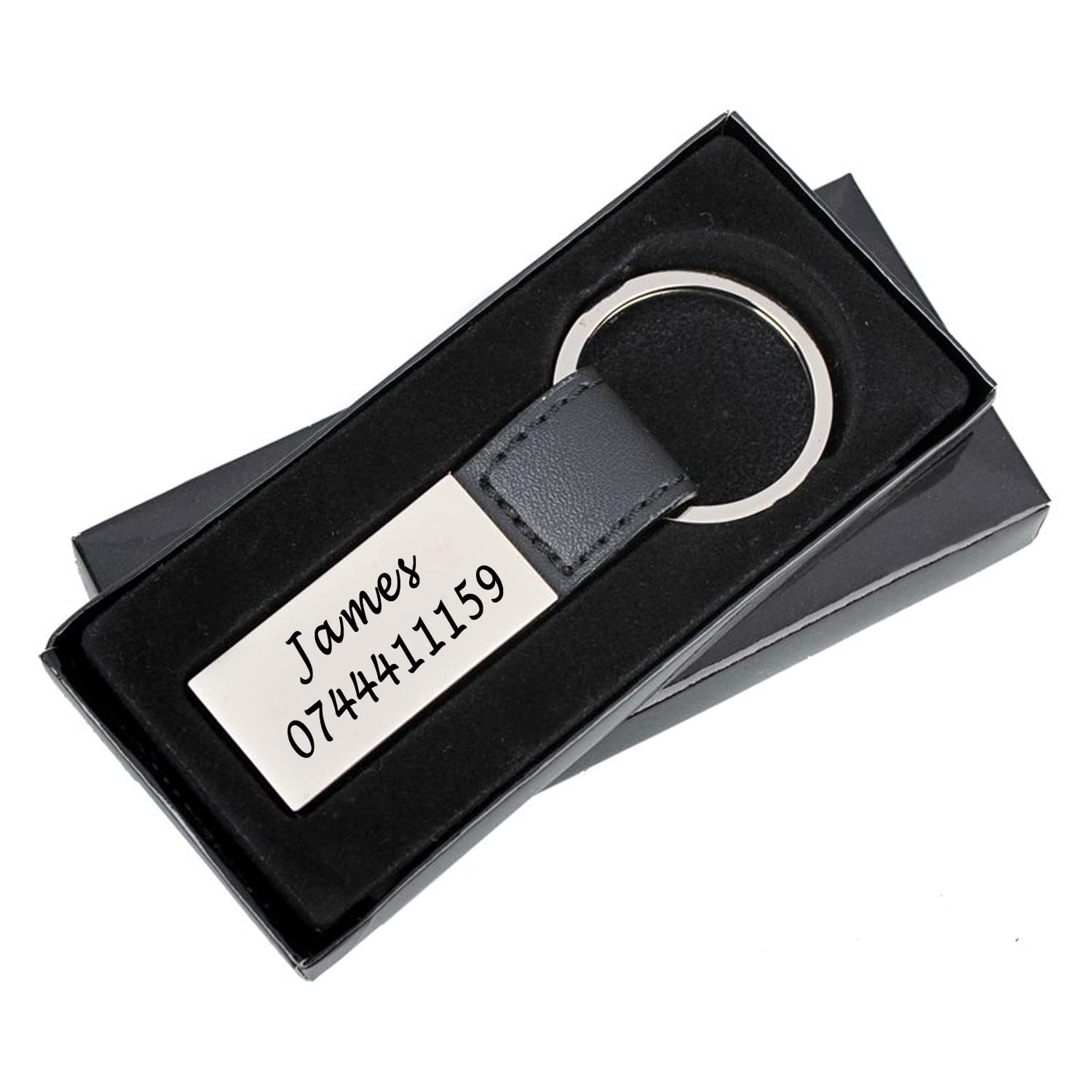 New Personalised Gifts – LEATHER METAL KEYRING - Engraved with your name, text or slogan, Gift For Any Occasion