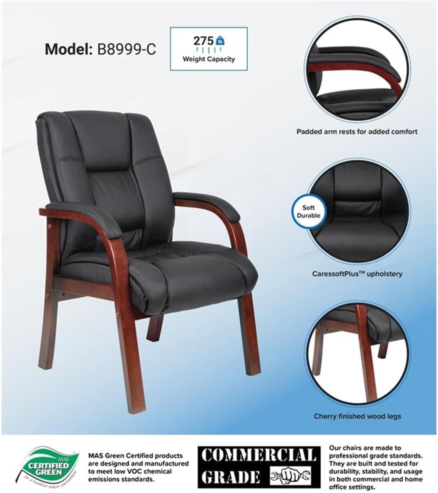 Pemberly Row Modern Mid-Back Guest Chair, Black CaressoftPlus Upholstery, Cherry Wood Accents, Dacron-Filled Cushions, 250 lb Capacity, 21" W x 20" D Seat, Office Seating for Visitors