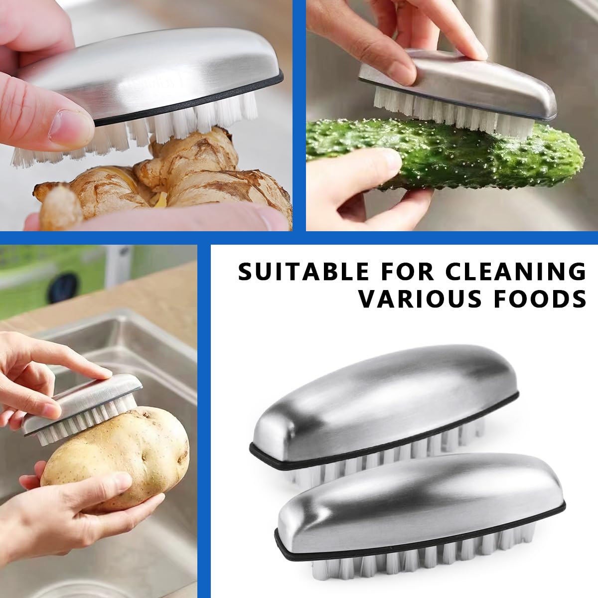 4 Pezzi Spazzolino per Unghie Mani Inox Kit, Spazzola per Unghie Mani Setole Dure Lavaggio,2 in 1 Spazzolina per Unghia, per Unghie dei Piedi, la Pulizia di Mani, Unghie