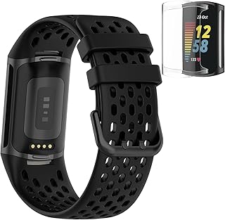 Bands Compatible with Fitbit Charge 5, Air Holes Design Silicone Sport Band Strap for Fitbit Charge 6 / Charge 5 with TPU Clear Screen Protector Case (Black)