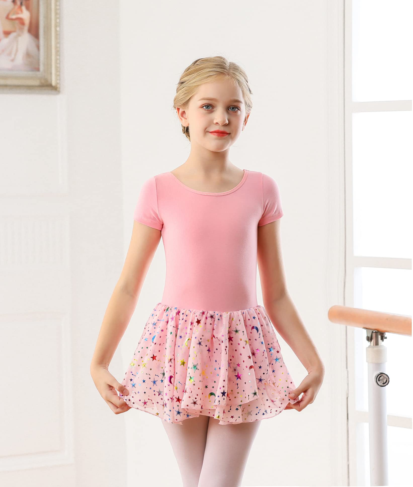 DANSHOW Kinder Ballettkleidung Mädchen Tanzkleider Mädchen Kurzarm Balletttrikot Ballettanzug Tanzkleid mit Chiffonrock | Hohle überkreuzte Rückenträger, doppellagiger, unregelmäßiger, glänzender Rock, leichter und hautfreundlicher Stoff