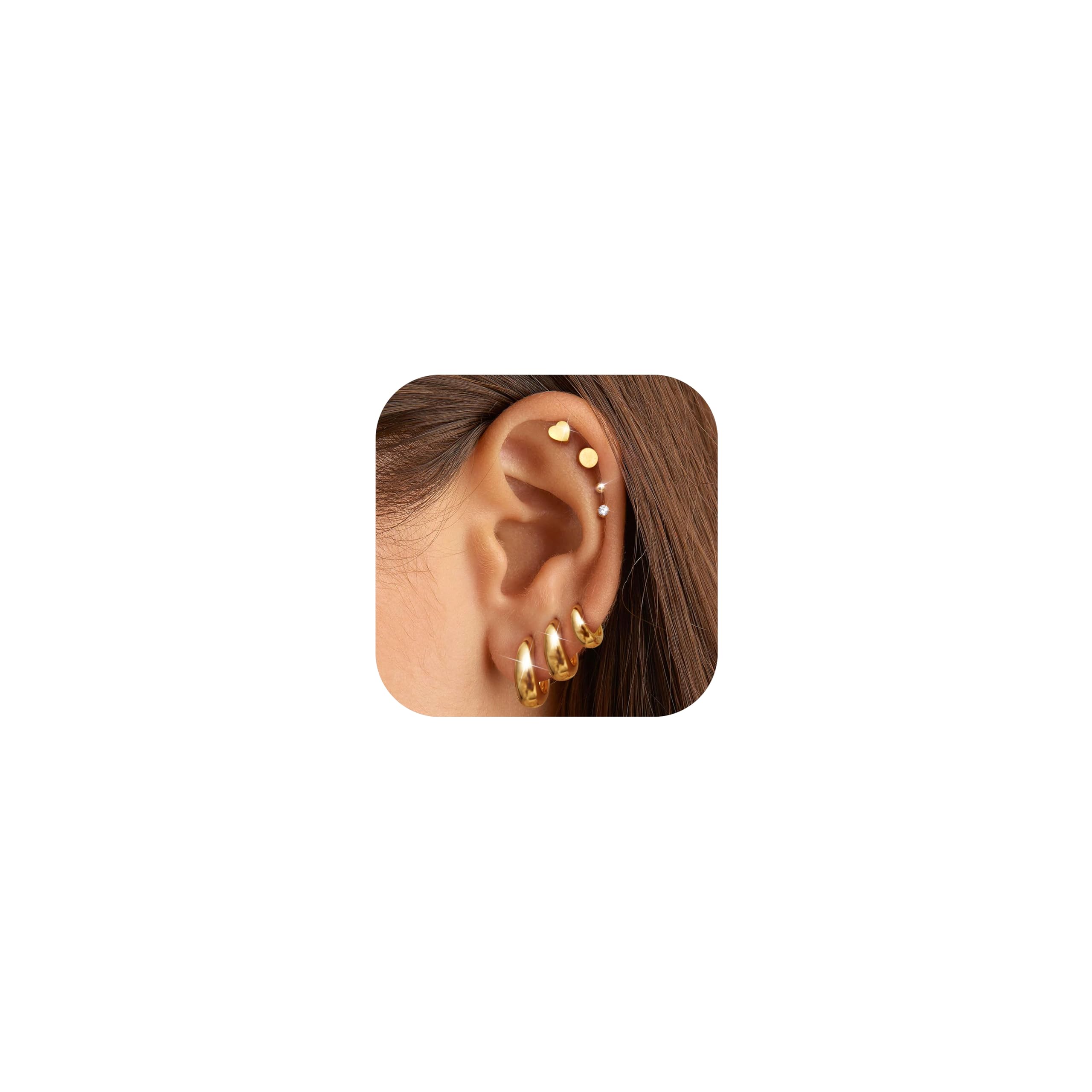 FIASASO Chunky 14K Gold Plated Hoops Earrings for Women Hypoallergenic - 7 Pairs Surgical Stainless Steel Flat Back