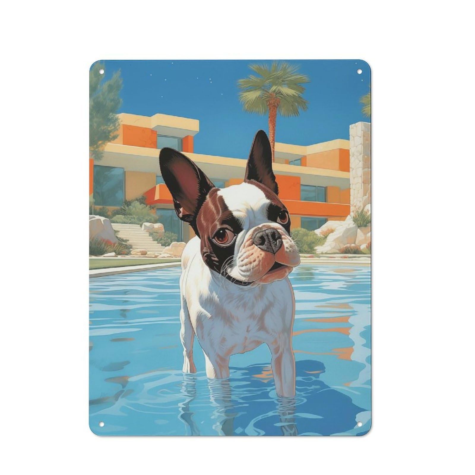 Junmoney Style-20 Hollywood Boston Terrier Printed Metal Sign 40X30cm For Home Office Or Studio, A Housewarming Gift For Fans Of Vintage Interiors