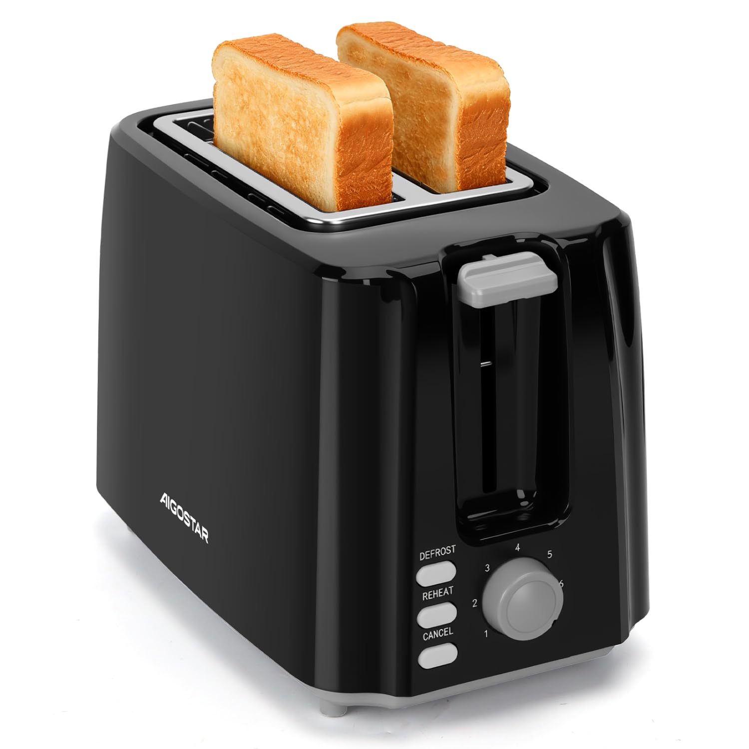 Aigostar Toaster 2 Slice - Compact Design Toaster with Wide Slot, 7 Browning Levels, High Lift, Defrost/Reheat/Cancel Functions, Removable Crumbs Tray, 750W, Black - Warrior
