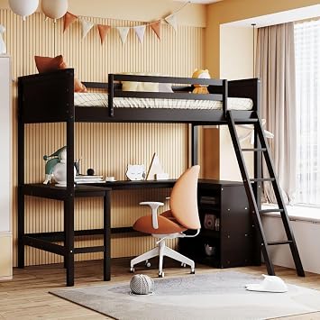 Twin Size Wooden Loft Bed with Desk and Shelves - Kids Loft Bed Frame for Small Spaces Espresso + Solid Wood + Twin