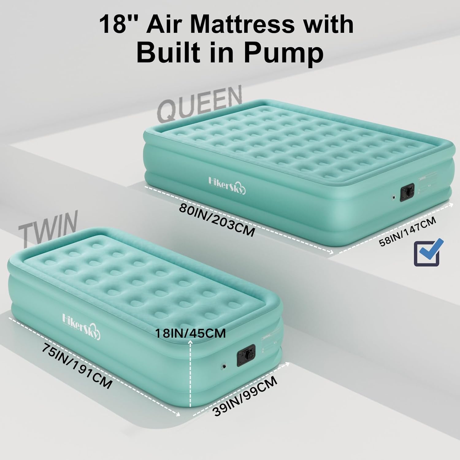 Queen Air Mattress with Built-in Pump, Air Bed with Portable Storage Bag, 18'' Blow up Mattress Suitable for Home and Guests, Top Flocking, 18" Queen Turquoise