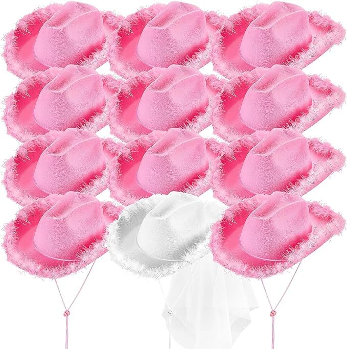 MSYU 12 sombreros de vaquera para novia, sombrero de vaquero para despedida de soltera, sombrero de vaquero para fiesta, boda, despedida de soltera, compromiso (rosa, blanco, alambre plateado)