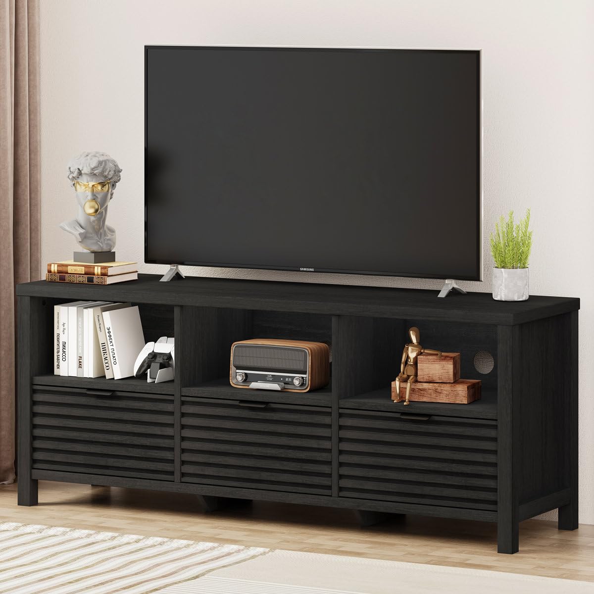 Okvnbjk Black TV Stand, Modern TV Consoles For Living Room 65 Inch TV, Fluted Panel Media Console With Sliding Doors & Ajustable Shelves, Entertainment Stand With Storage Cabinets