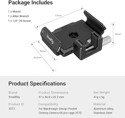 Miniatura 3 de SMALLRIG SSD Mount Bracket SSD Holder for Samsung T5/T7 SSD, SanDisk SSD, SanDisk SSD T5/T7, Compatible Cage for BMPCC 6K Pro - 3272