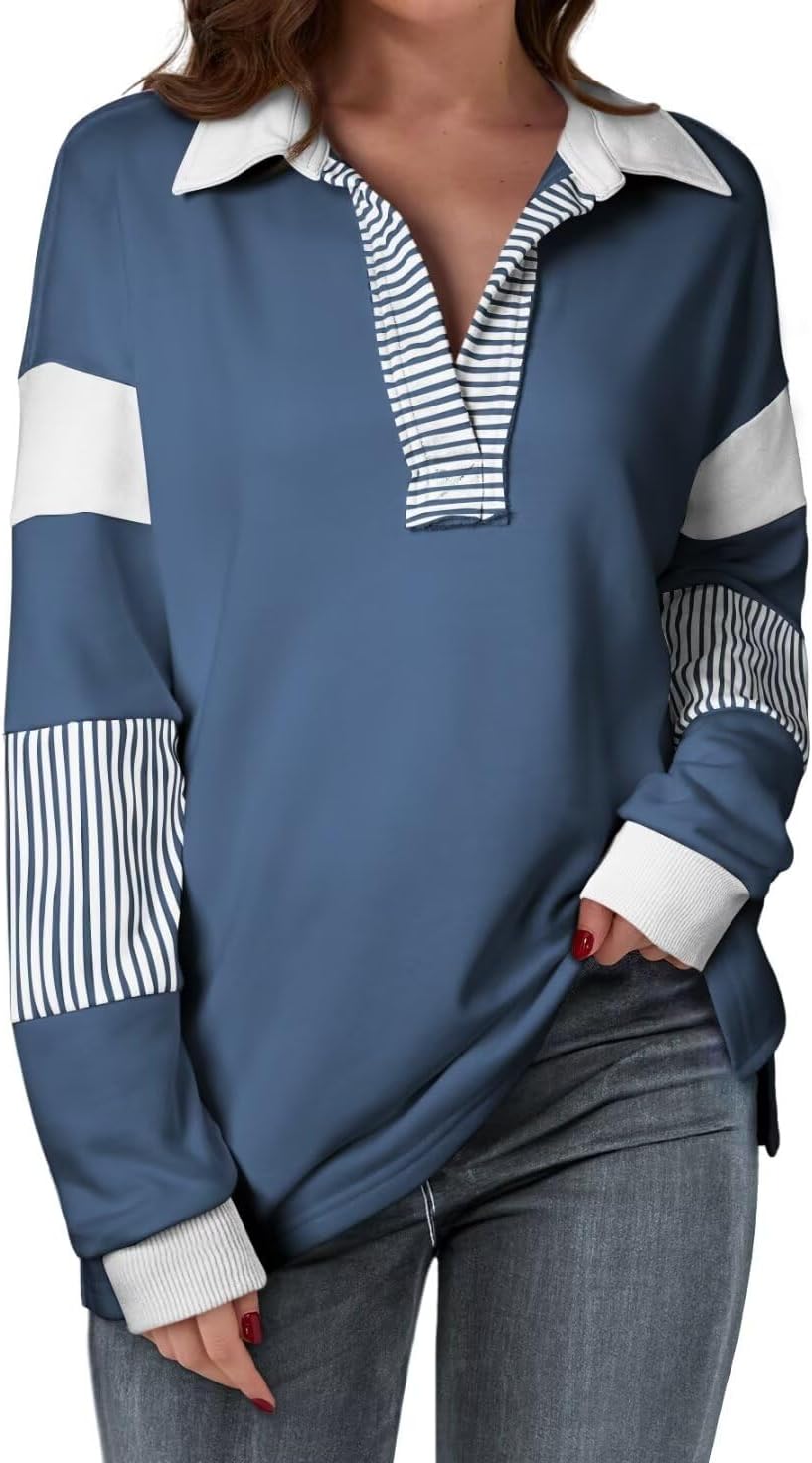 BLENCOT Women’s Casual Striped Half Zip Up Drop Shoulder Sweatshirt Oversized Long Sleeve Pullover Tops with Pockets