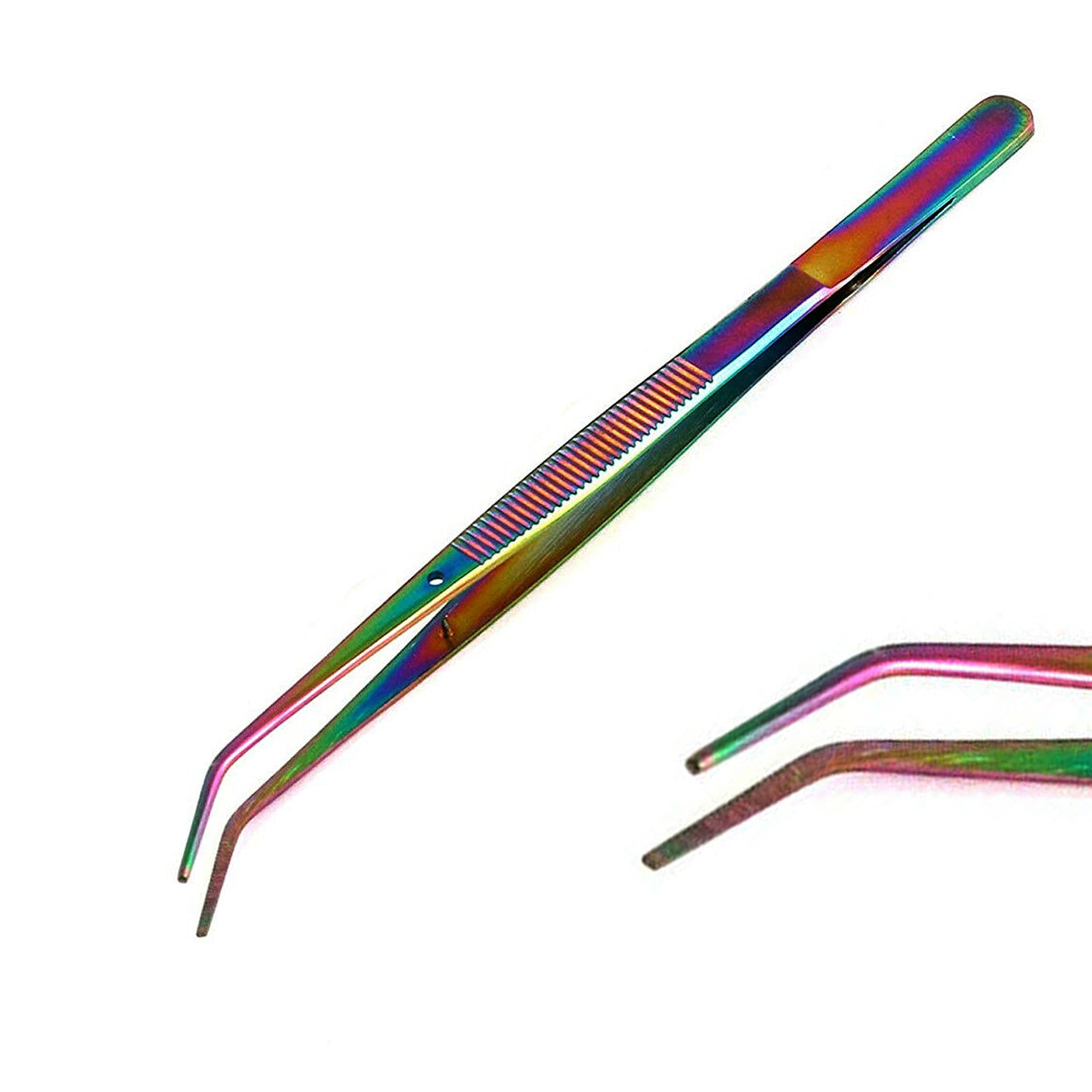 Heavy Duty 6 inches College Tweezers Curved Multi Rainbow Color Tips All-Purpose Forceps Professional Tweezers Tongs and Comfortable Ridged Handle for