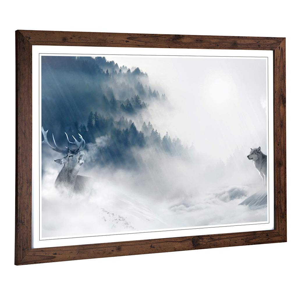 Big Box Art Framed Print of Wolf and Stag Forest Landscape Design | Wall Art Picture | Home Decor for Kitchen, Living, Dining Room, Bedroom, Hallway, Office, Walnut, A2 / 24.5x18 Inch / 62x45cm