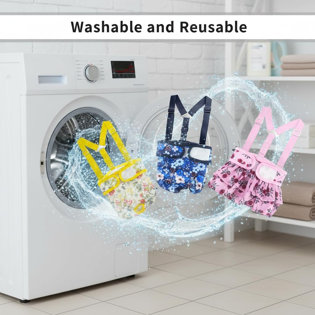 3 Pack Washable Female Dog Diapers with Suspender - Reusable Super Absorbent & Leakproof Fixed Doggie Diapers for Dogs in Heat Cycle