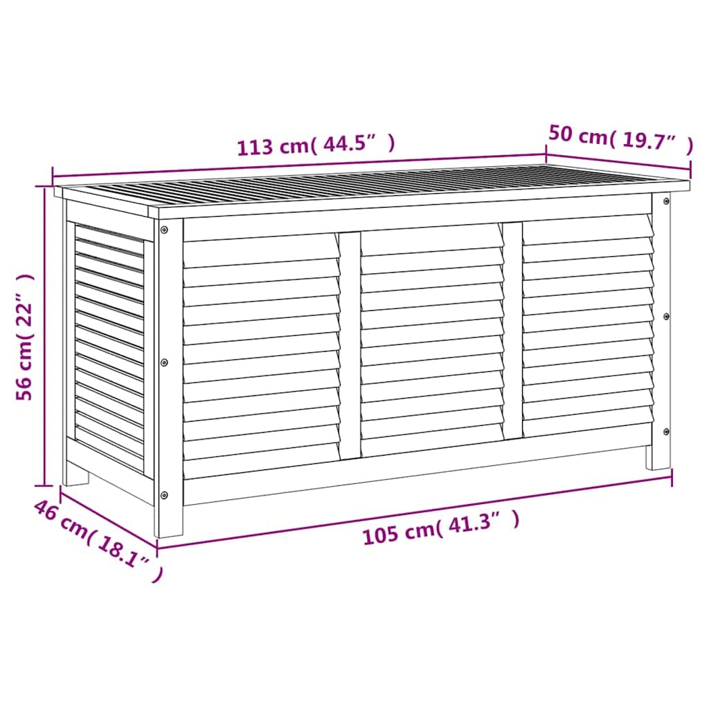 Cassapanca da giardino in legno massiccio di acacia con fessure di ventilazione, 113 x 50 x 56 cm, tasca interna impermeabile, contenitore per esterni, per cuscini, imbottiture