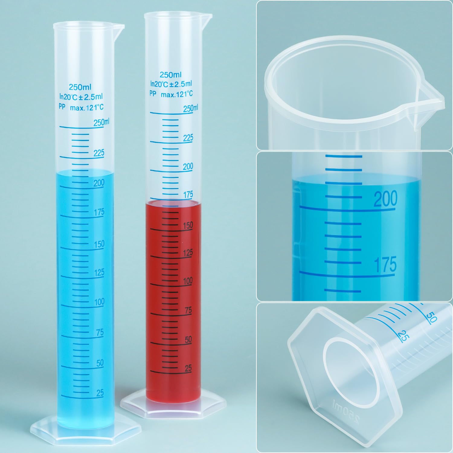 QWORK Confezione da 6 cilindri graduati in plastica, cilindri graduati da 250 ml, cilindro scientifico per provette, doppia linea di marcatura, cilindro graduato con beccuccio per versare
