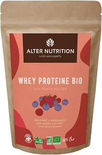 ALTER NUTRITION - Whey Protéine Bio - Fruits Rouges - Prise De Masse - Récupération - BCAA - Lait De Vache Bio - Sans Sucres Ajoutés - Fabriqué En France - 18g De Protéines Par Scoop - Sachet De 1kg