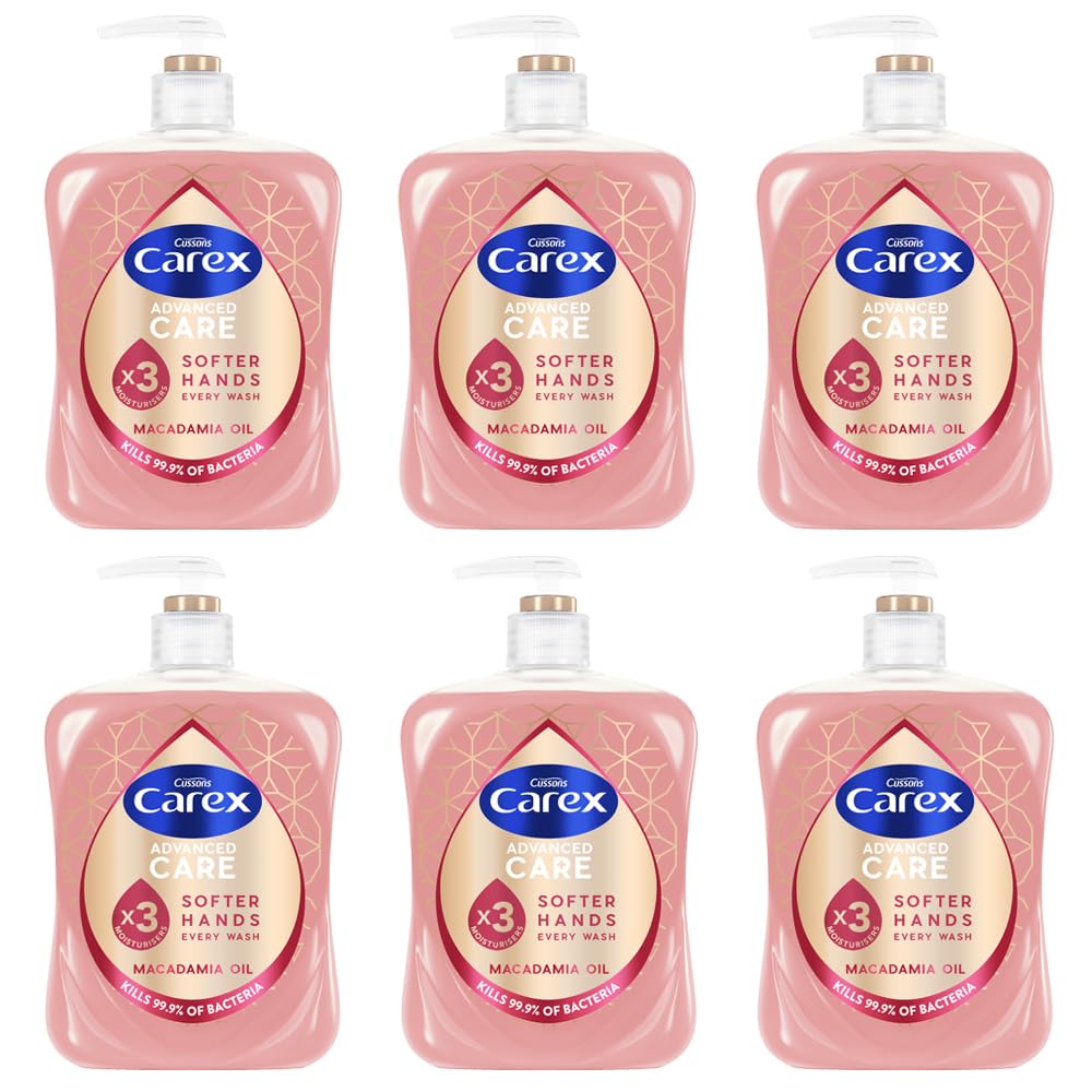 Carex Advanced Care Macadamia Oil Antibacterial Hand Wash | Liquid Hand Soap with Vanilla for Soft Hands | 3 x More Moisturisers | Bulk Buy, Pack of 6 x 500ml