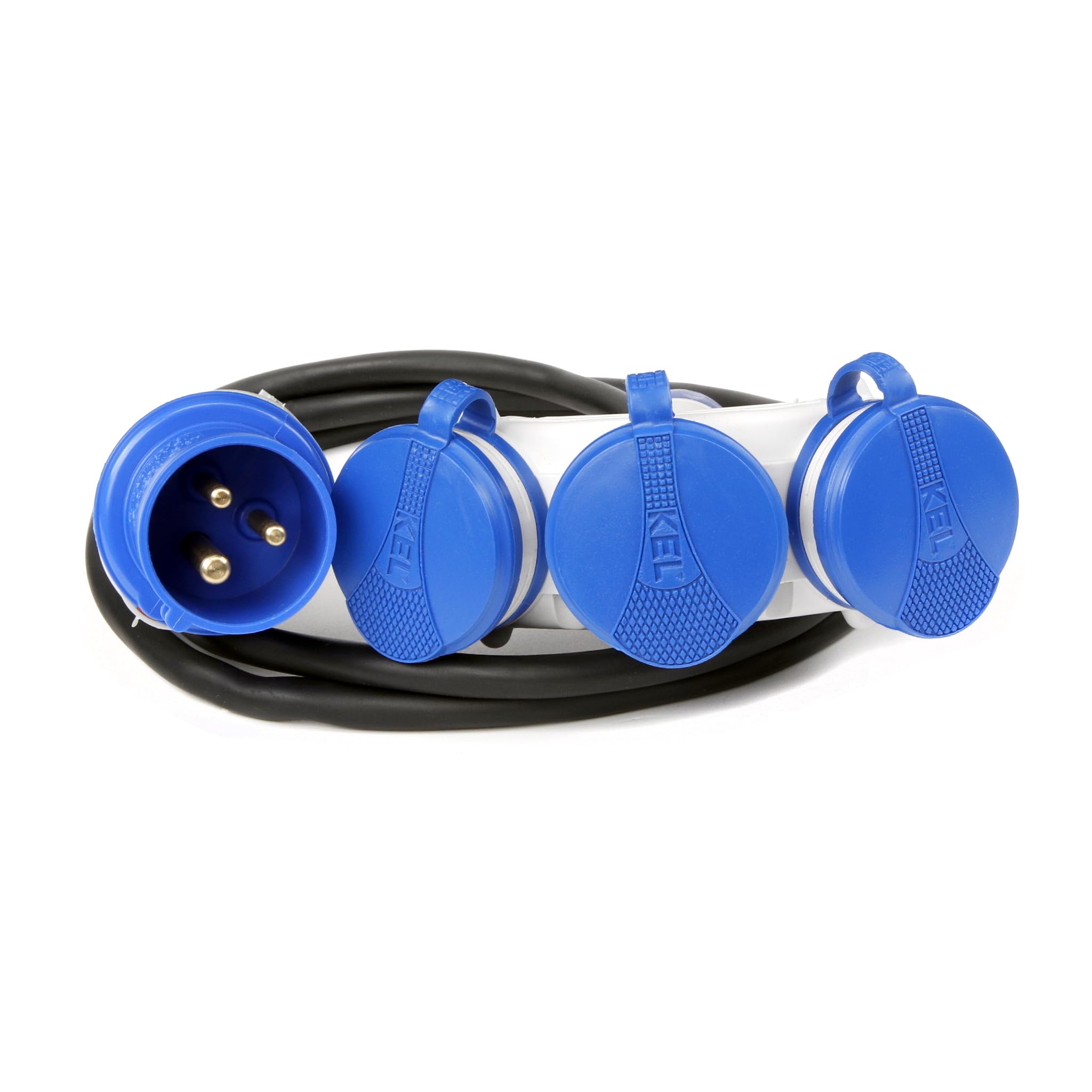 KEL Adattatore da campeggio CEE in gomma 1,5 m – 3 prese 230 V/16 A triple prese Schuko, sezione cavo 3 x 2,5, IP44 per uso esterno, campeggio, caravan e roulotte