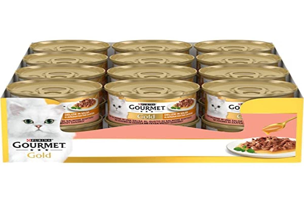 Purina Gourmet Gold Delicias en Salsa de Comida húmeda para Gatos con salmón, 24 latas de 85 g