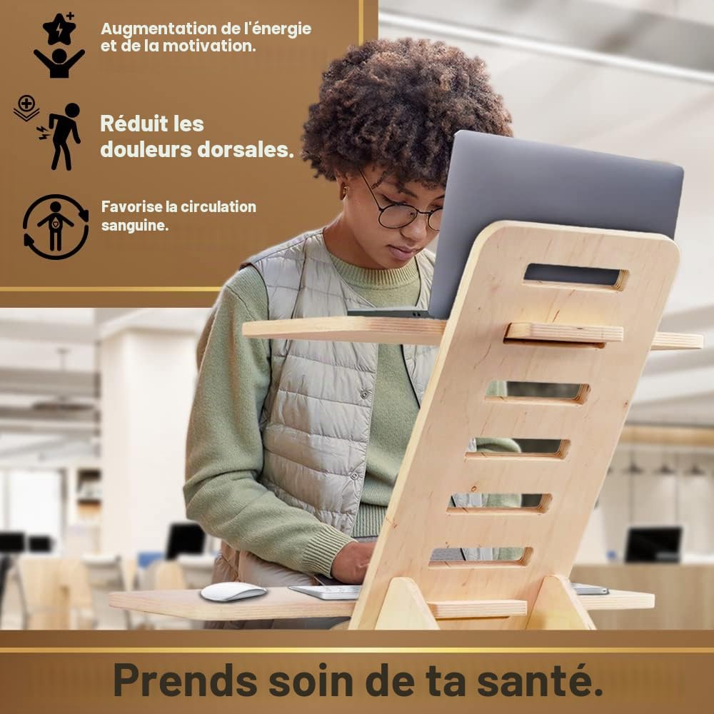 Support de bureau debout en bois - Support de bureau debout - Fabriqué en UE