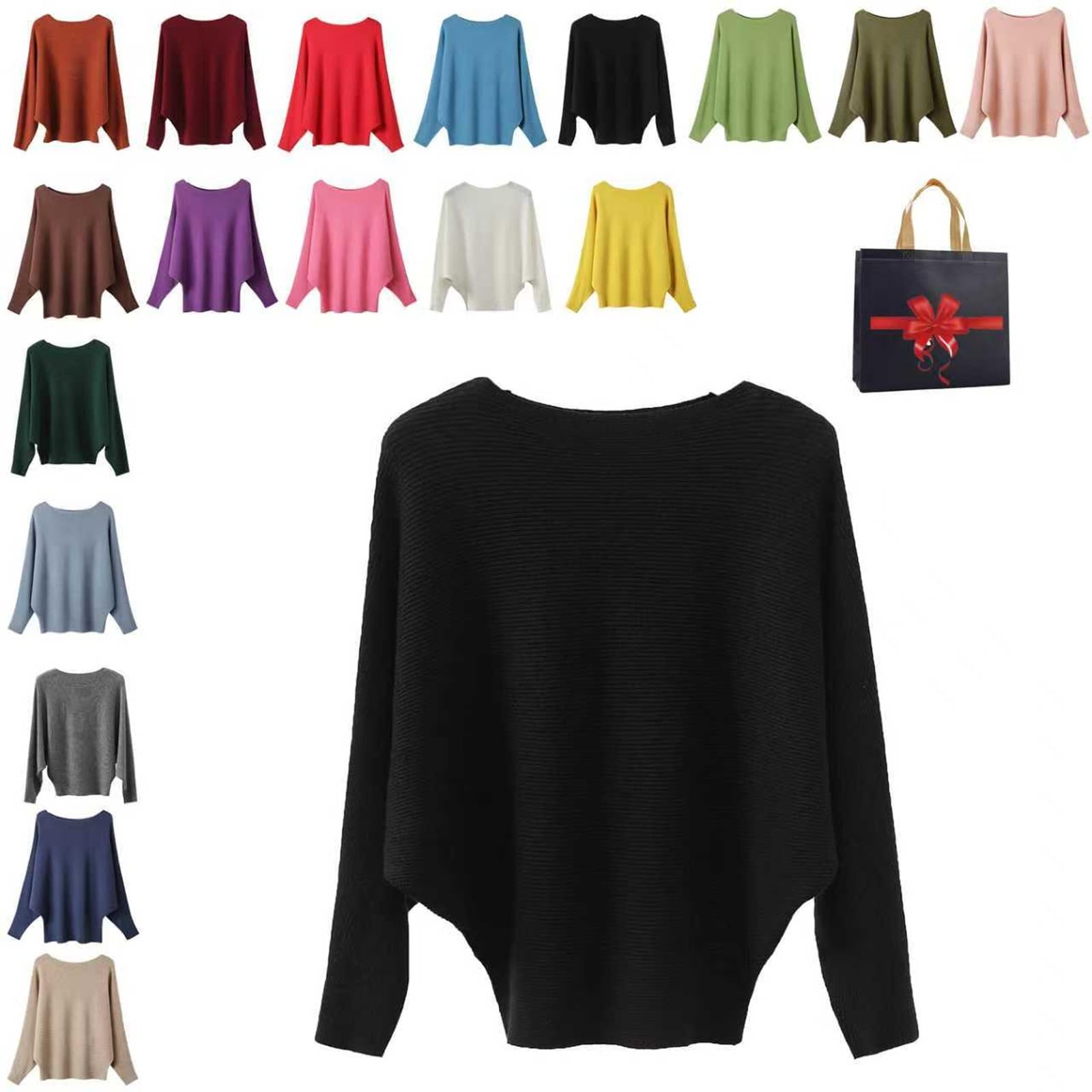 Womens Boat Neck Bat Sleeve Knitted Sweater Autumn Winter Loose Long Warm Pullover