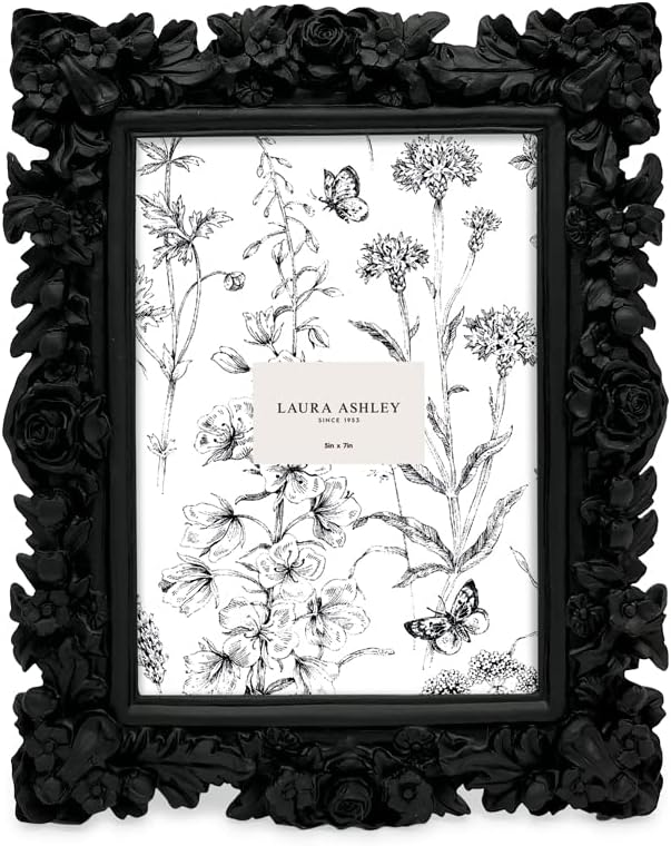 Laura Ashley 5x7 Black Floral Textured Hand-Crafted Resin Picture Frame with Easel, for Tabletop & Wall Display, Decorative Floral Design Home Décor, Photo Gallery, Art & More (5x7, Black)