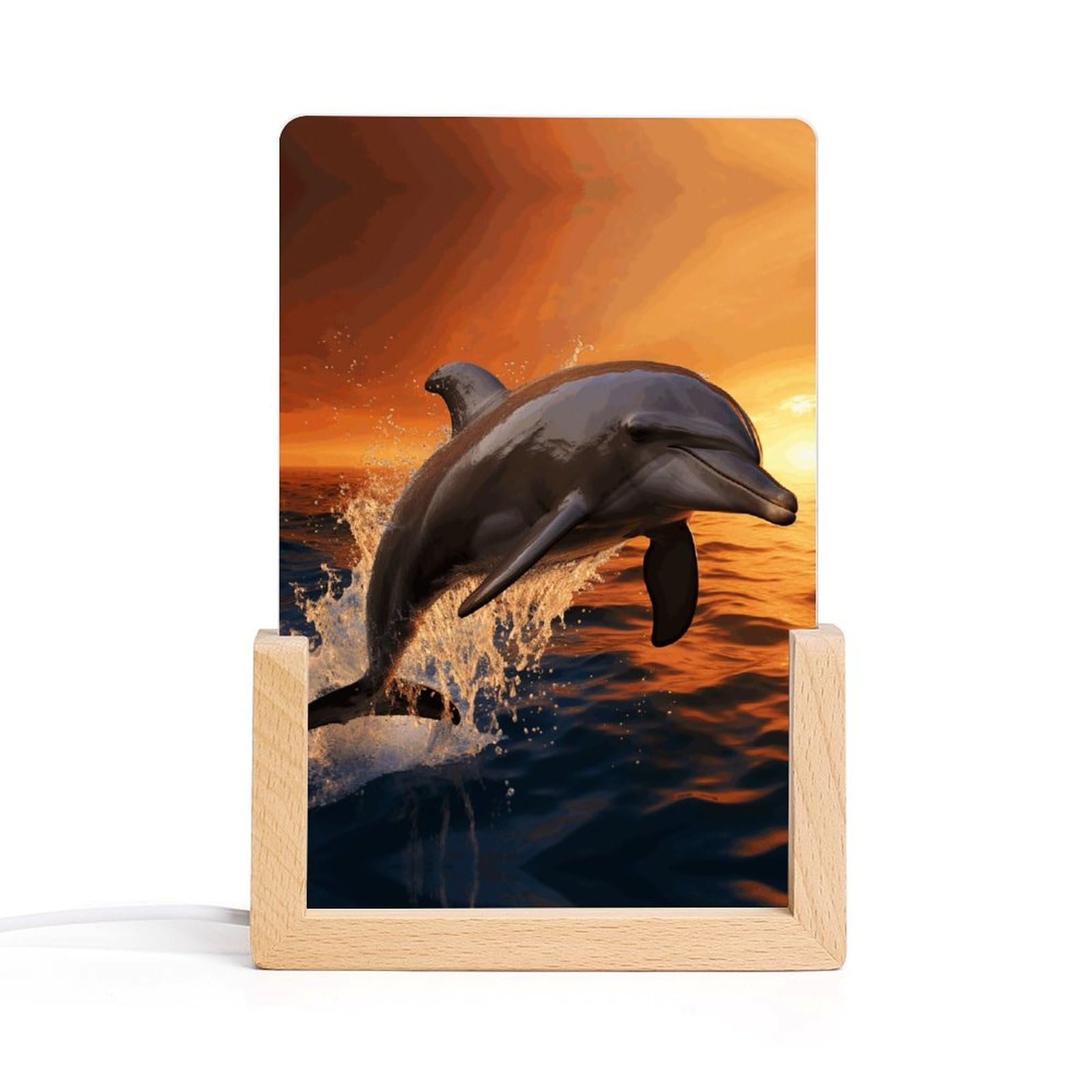 JTREHY Acrylic Night Light,Dusk Dolphin Printed Wooden Base LED Night Light Modern Home Decoration Light with USB Switch Cable for Bar Cafe Bedroom Room Decoration