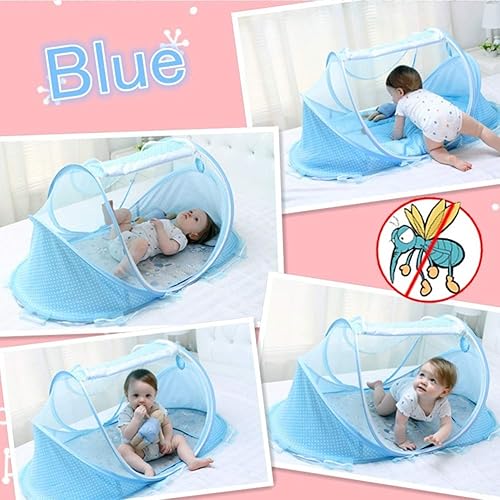 Miniatura 3 de Cama de bebé plegable portátil Red de poliéster Cama de dormir para recién nacidos, tela para fácil (azul cielo, verde)